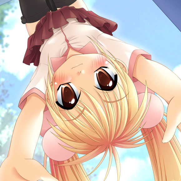 kokonoe rin, kodomo no jikan, 00s, 1girl, child, dress, female focus, hair bobbles, hair ornament, hanging, solo, staring, upside-down