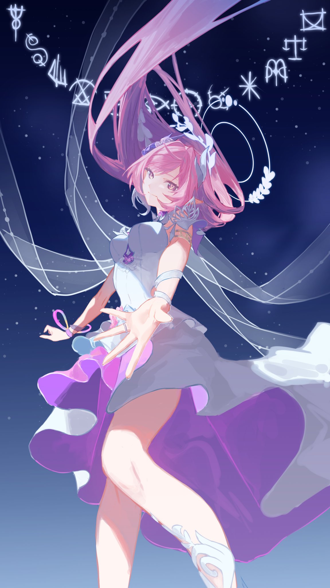 cyrene (honkai: star rail), honkai: star rail, honkai (series), commentary, hashtag-only commentary, highres, 1girl, akaguchi 35, breasts, cyrene (ripples of past reverie) (honkai: star rail), dress, feet out of frame, floating hair, long hair, looking at viewer, medium breasts, pink eyes, pink hair, pointy ears, reaching, reaching towards viewer, sky, smile, solo, standing, star (sky), starry sky, white dress