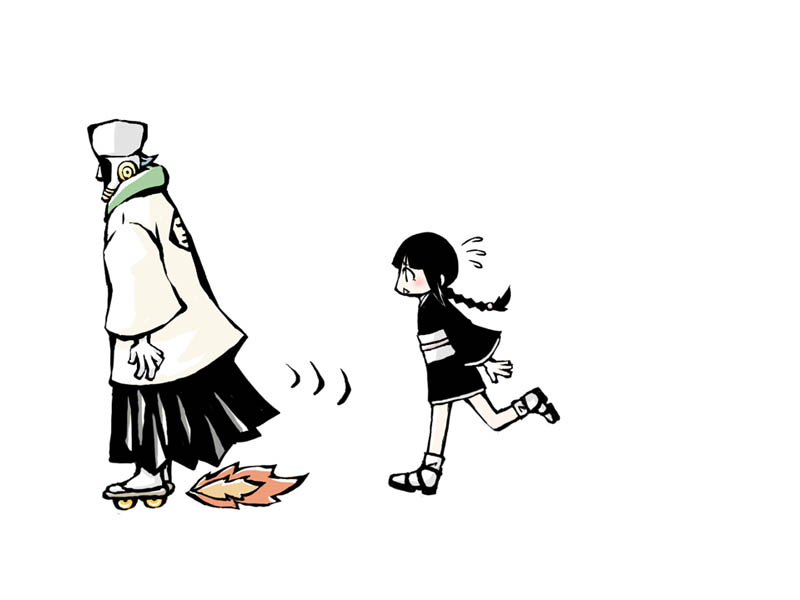 kurotsuchi mayuri, kurotsuchi nemu, bleach, 00s, 1boy, 1girl, chibi, fire, haori, japanese clothes, roller skates, skates, taichou haori