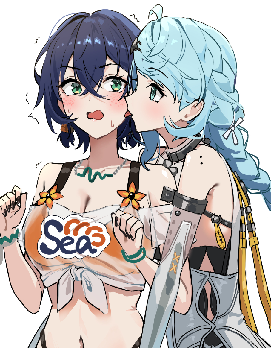 uuroncha, belle (summer skies) (zenless zone zero), belle (zenless zone zero), seed (zenless zone zero), zenless zone zero, 2girls, bikini top under shirt, blue hair, blush, breasts, cleavage, crop top, green eyes, licking, licking another's cheek, licking another's face, long hair, multiple girls, navel, official alternate costume, see-through clothes, see-through shirt, shirt, short hair, tied shirt, yuri