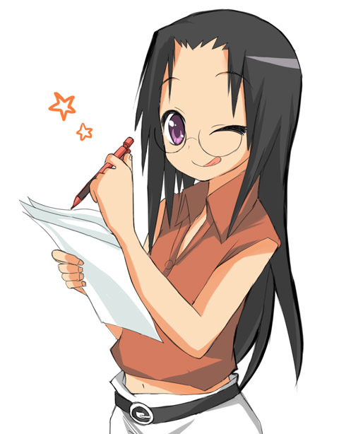 tamura hiyori, lucky star, 00s, black hair, glasses, one eye closed, purple eyes, sketch, solo, wink