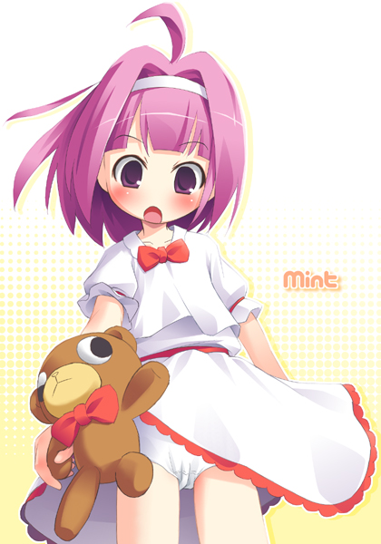 pu-en, mint (dresta), mint clark, dream all stars, dresta, original, rio -rainbow gate!-, super blackjack, 10s, 1girl, :o, ahoge, blush, bow, female focus, hairband, loli, open mouth, panties, pantyshot, purple hair, short hair, solo, stuffed animal, stuffed toy, teddy bear, underwear, white panties, wind, wind lift