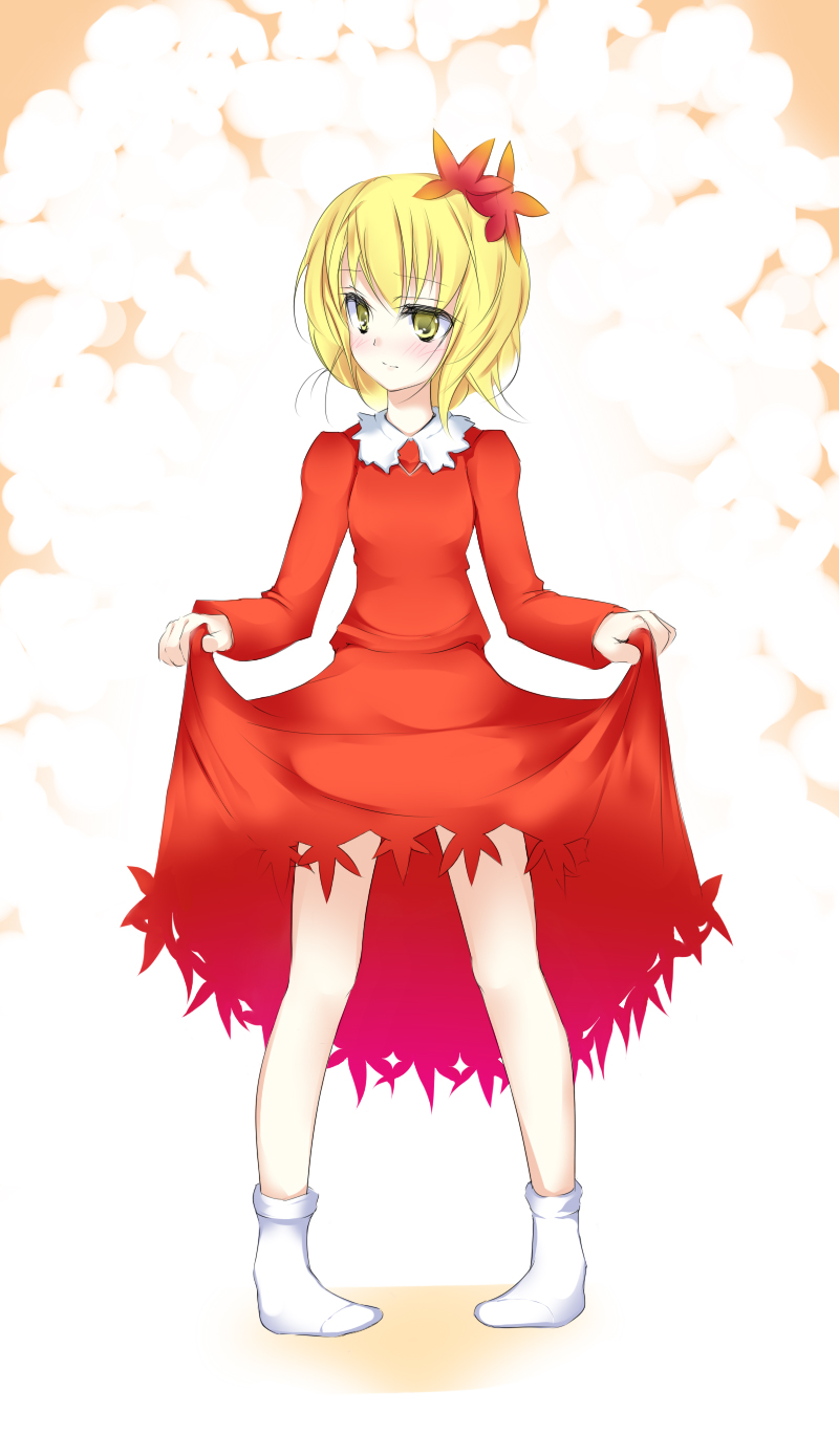 oouso, aki shizuha, touhou, highres, 1girl, blonde hair, blush, clothes lift, dress, dress lift, female focus, hair ornament, leaf, leaf hair ornament, leaf on head, short hair, skirt, skirt lift, socks, solo, yellow eyes