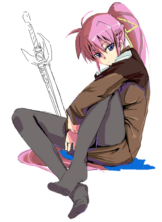 kurosho, laevatein (nanoha), signum, lyrical nanoha, mahou shoujo lyrical nanoha, mahou shoujo lyrical nanoha strikers, 00s, 1girl, feet, female focus, military, military uniform, pantyhose, pink hair, ponytail, solo, sword, weapon