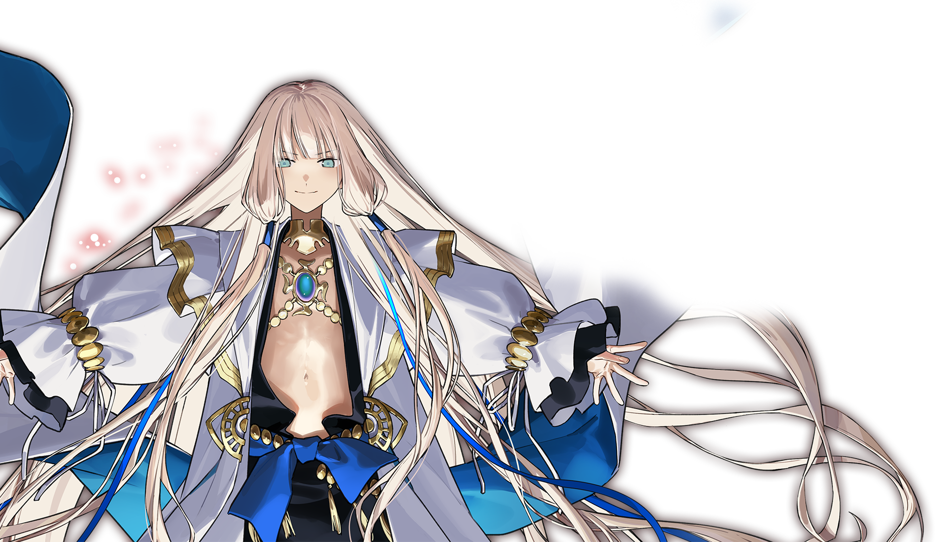 itefu, noah (fate), fate/grand order, fate (series), highres, official art, second-party source, 1boy, androgynous, black robe, blonde hair, gold choker, green eyes, hair tubes, jewelry, long hair, long sleeves, looking at viewer, low-tied sidelocks, male focus, navel, necklace, nemo (fate/grand order arcade), ribbon, robe, sidelocks, smile, solo, transparent background, upper body, very long hair, white robe