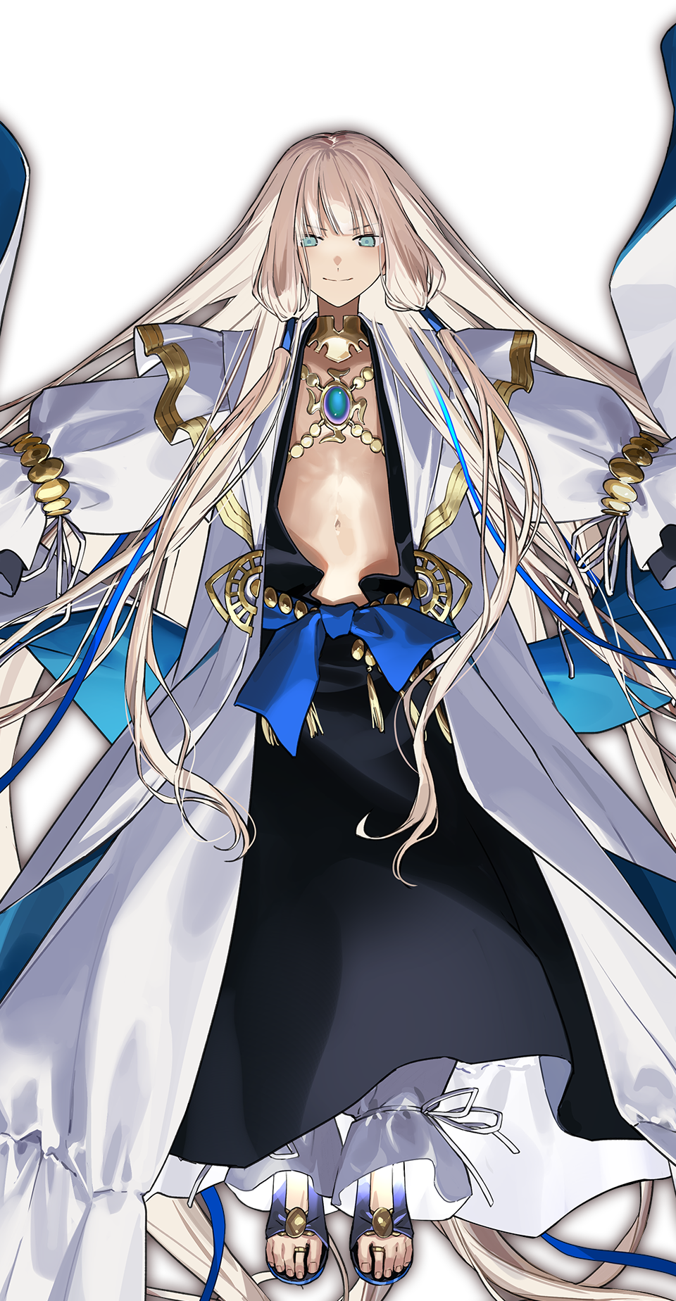 itefu, noah (fate), fate/grand order, fate (series), highres, official art, second-party source, 1boy, androgynous, black robe, blonde hair, floating, full body, gold choker, green eyes, hair tubes, jewelry, long hair, long sleeves, looking at viewer, low-tied sidelocks, male focus, midair, navel, necklace, nemo (fate/grand order arcade), pants, ribbon, robe, shoes, sidelocks, smile, solo, toe ring, transparent background, very long hair, white pants, white robe