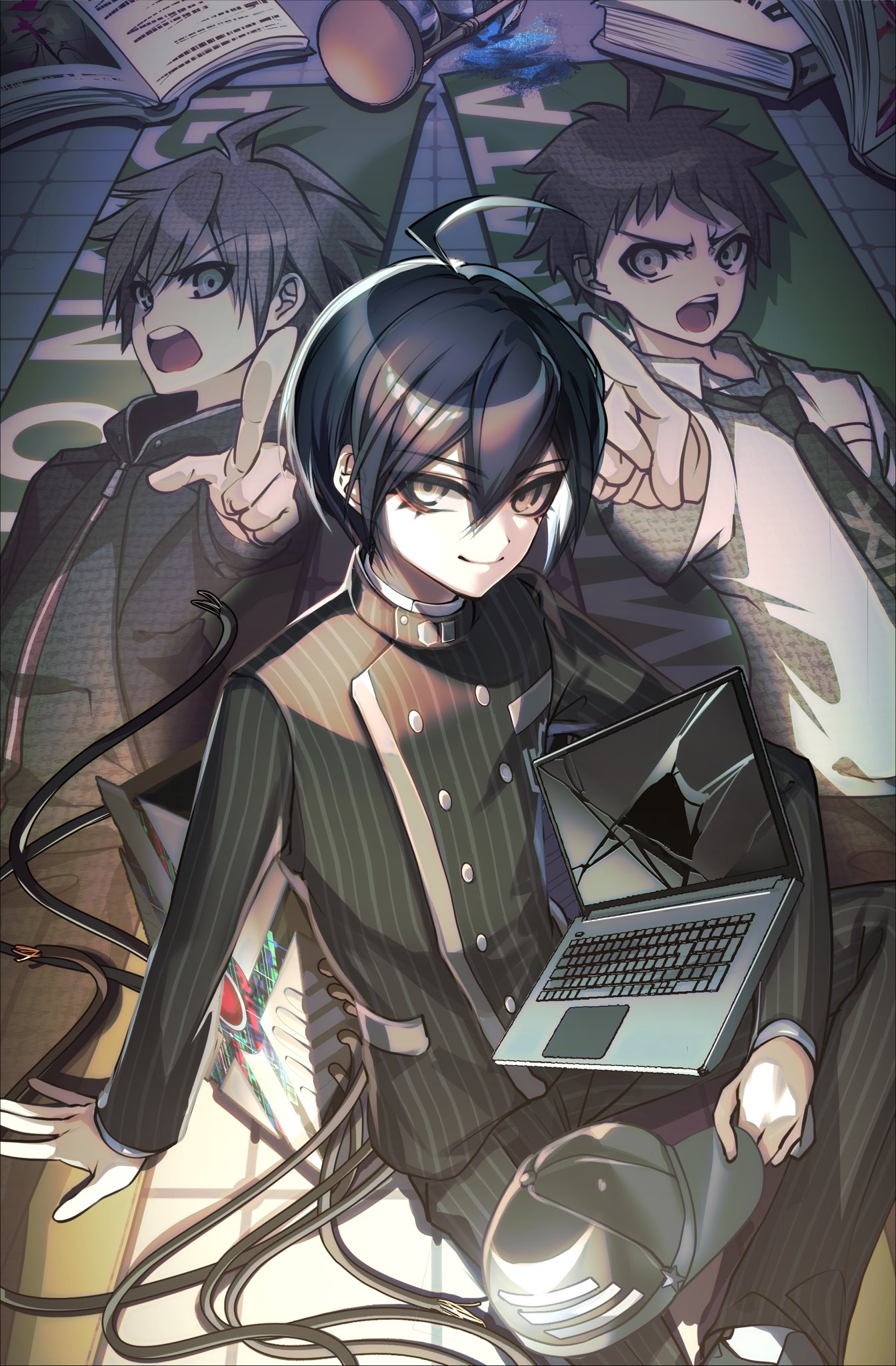 nota sayaka, hinata hajime, naegi makoto, saihara shuichi, danganronpa: trigger happy havoc, danganronpa (series), danganronpa 2: goodbye despair, danganronpa v3: killing harmony, commentary, highres, 3boys, ahoge, arm support, black hair, black jacket, book, broken glass, broken hourglass, brown eyes, brown hair, buttons, cable, collared jacket, computer, double-breasted, eyelashes, from above, glass, hair between eyes, hat, jacket, laptop, long sleeves, looking at viewer, male focus, multiple boys, necktie, on floor, open mouth, pants, pinstripe jacket, pinstripe pants, pinstripe pattern, poster (object), school uniform, shirt, short hair, sitting, smile, striped clothes, striped jacket, unworn hat, unworn headwear, wire