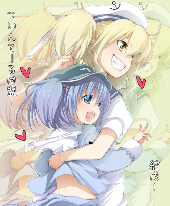 buriki, kawashiro nitori, kitashirakawa chiyuri, phantasmagoria of dim.dream, touhou, touhou (pc-98), eyebrows, translated, 2girls, ahoge, anchor, back, bare arms, blonde hair, blue eyes, blue hair, female focus, grin, hair bobbles, hair ornament, hair ribbon, hat, hug, long hair, long sleeves, looking to the side, multiple girls, open mouth, ribbon, sailor, sailor collar, sailor hat, school uniform, serafuku, short sleeves, sidelocks, smile, standing, teeth, twintails, two side up, upper body, upper teeth only, v, wrist cuffs, yellow eyes
