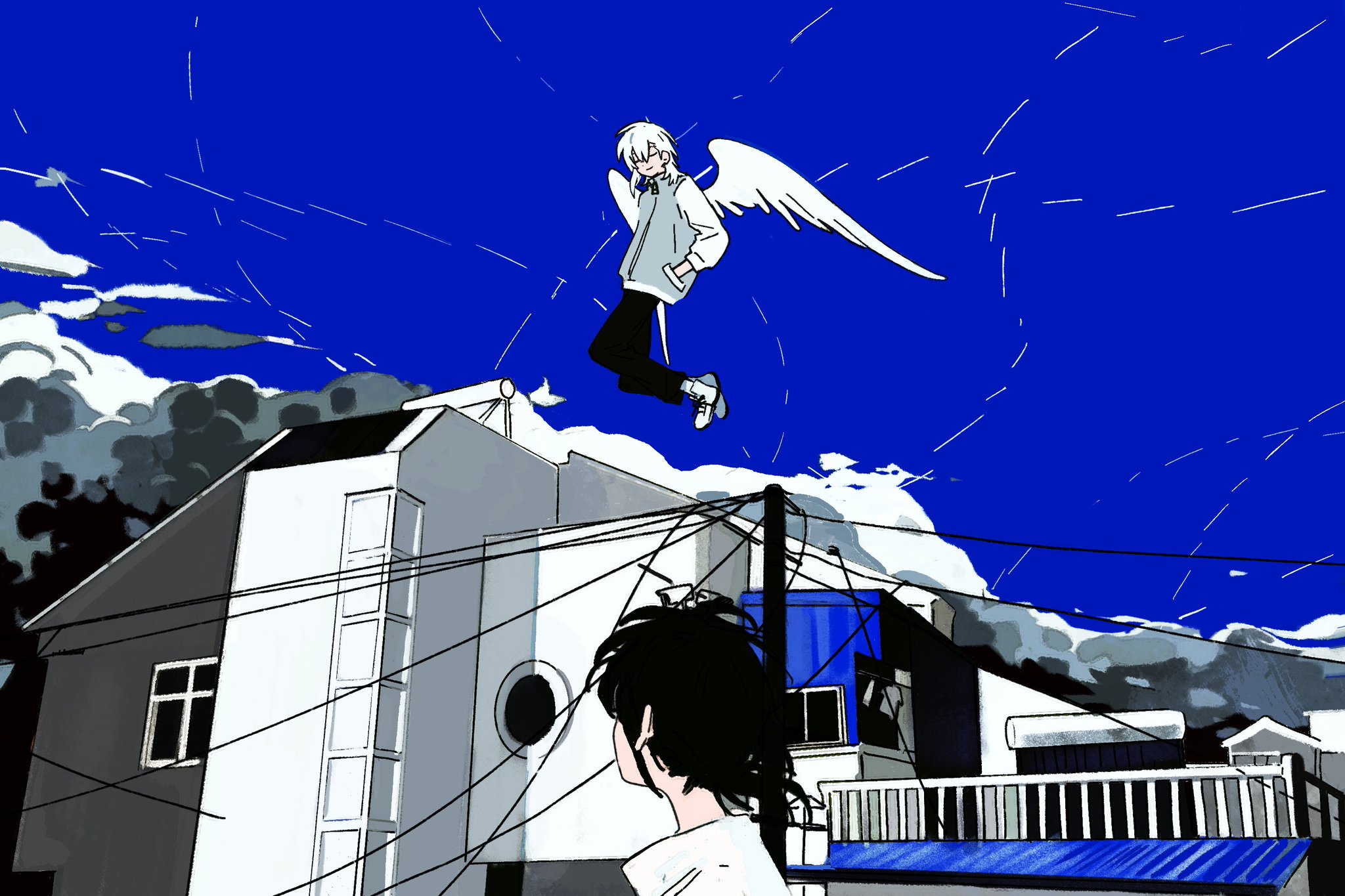 sfrabbit, original, highres, 2boys, angel wings, black hair, black pants, blue sky, building, cloud, day, feathered wings, flying, hands in pockets, jacket, looking at another, male focus, multiple boys, outdoors, pants, power lines, rooftop, shirt, shoes, short hair, sky, white hair, white shirt, white wings, wings