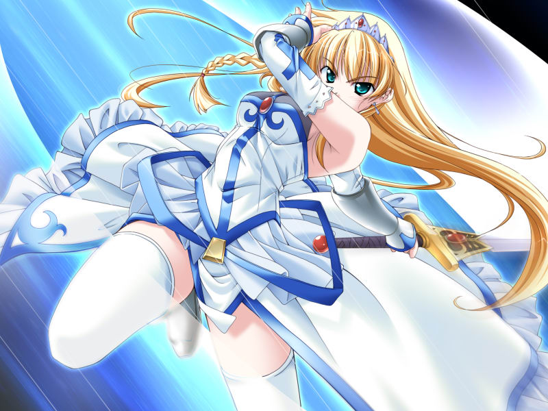 takeya masami, iris (princess waltz), princess waltz, game cg, 1girl, blonde hair, dress, elbow gloves, female focus, gloves, gown, long hair, princess, solo, sword, thighhighs, very long hair, weapon, zettai ryouiki