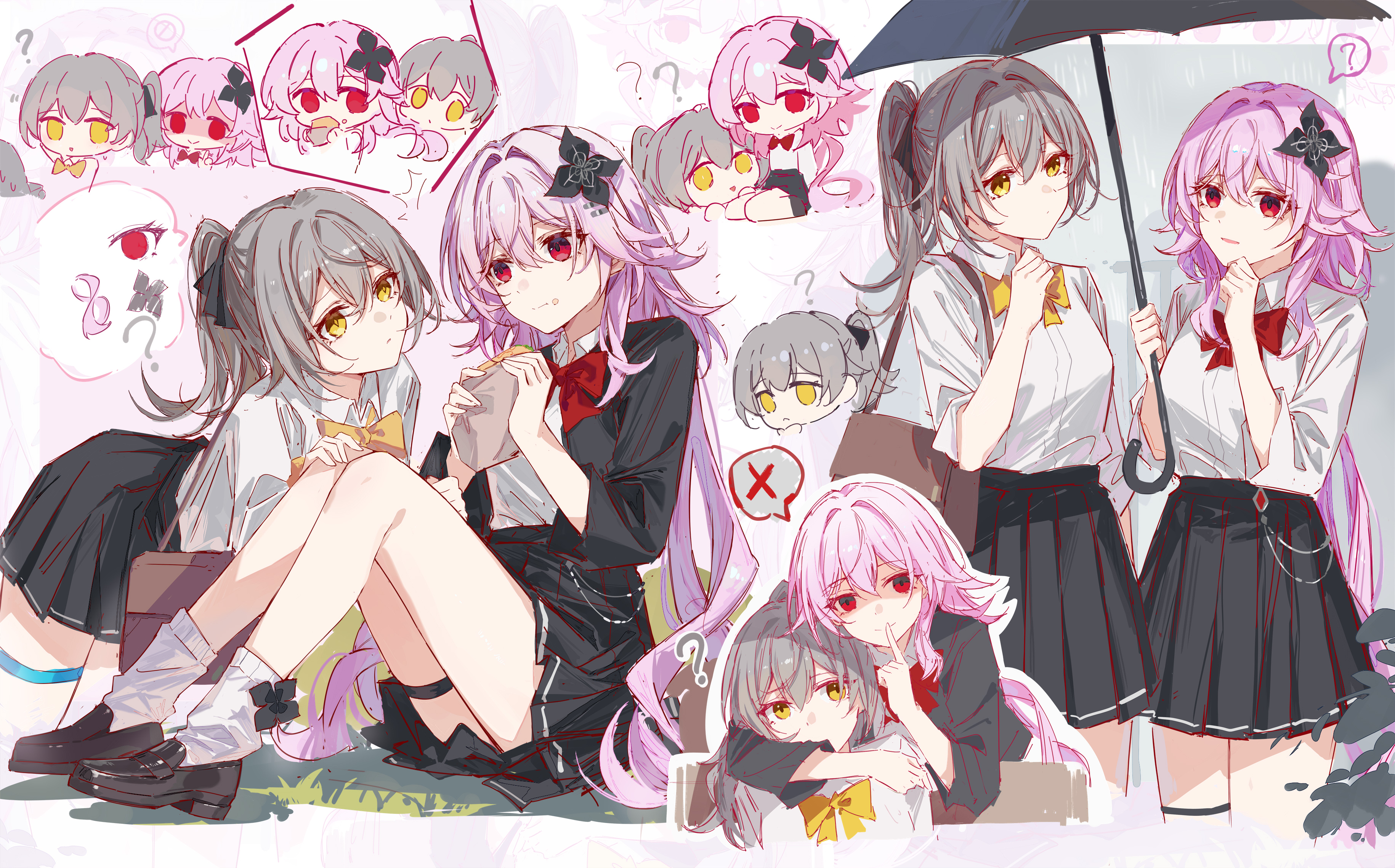 yajuu, evernight (honkai: star rail), march 7th (honkai: star rail), stelle (honkai: star rail), trailblazer (honkai: star rail), honkai: star rail, honkai (series), absurdres, highres, 2girls, ?, ??, alternate costume, bag, black jacket, black shoes, black skirt, chibi, closed mouth, eating, finger to mouth, food, food on face, grey hair, hair ornament, holding, holding umbrella, hug, hug from behind, index finger raised, jacket, loafers, long hair, looking at another, multiple girls, official alternate eye color, official alternate hair length, official alternate hairstyle, pink hair, red eyes, school bag, school uniform, shirt, shoes, shushing, simple background, skirt, sleeves rolled up, smile, socks, spoken question mark, spoken symbol, thigh strap, umbrella, white shirt, white socks, yellow eyes
