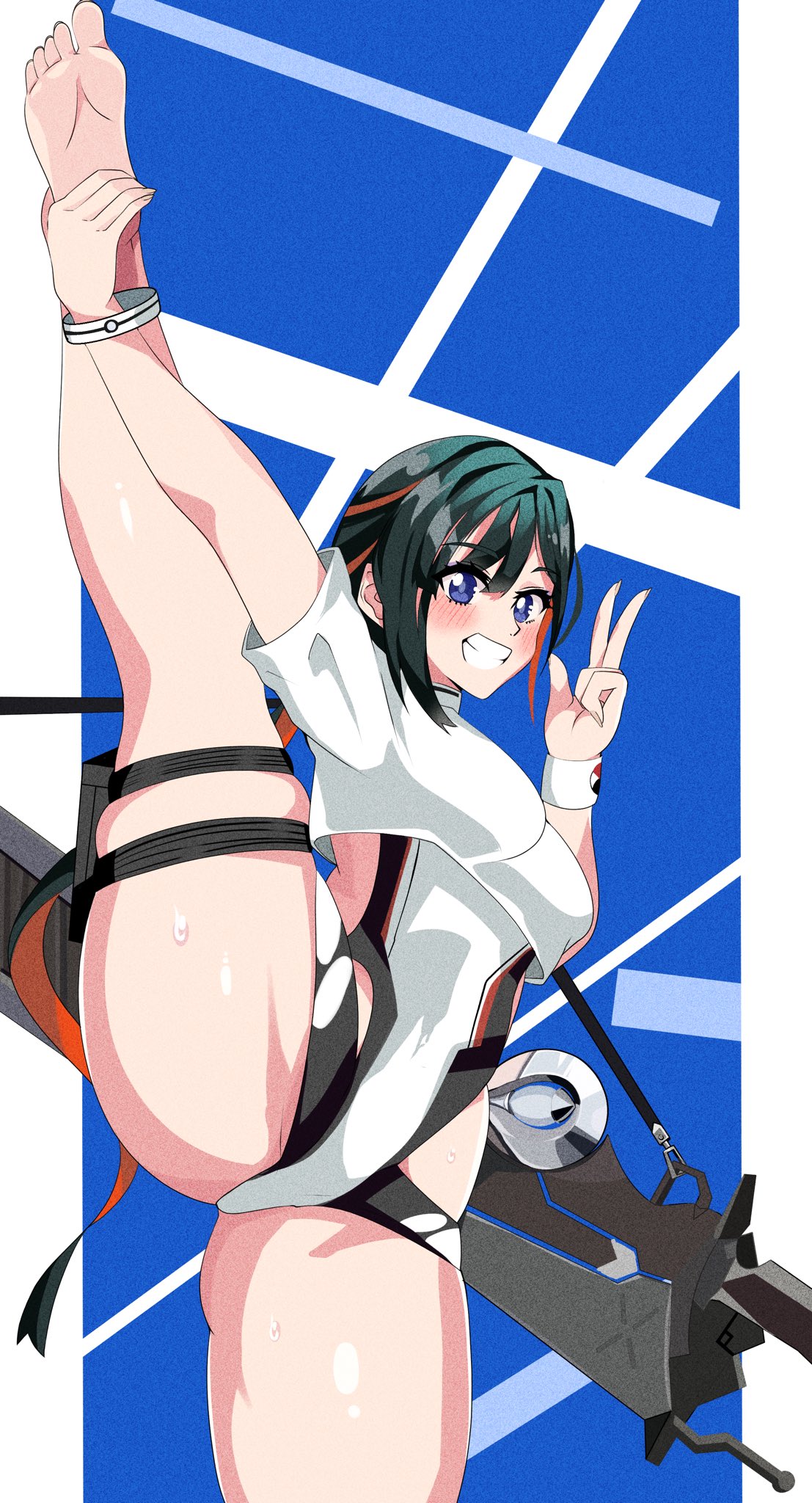 puti tomato19, jeunesse crane (fate), miss crane (fate), fate/grand order, fate (series), highres, 1girl, bare shoulders, black hair, black one-piece swimsuit, black shirt, blush, bracelet, breasts, cropped shirt, grin, hair ornament, jeunesse crane (first ascension) (fate), jewelry, leg lift, leg up, long hair, looking at viewer, medium breasts, multicolored hair, off shoulder, one-piece swimsuit, ponytail, purple eyes, red hair, shirt, smile, solo, split, standing, standing on one leg, standing split, swimsuit, thigh strap, thighs, two-tone hair, two-tone one-piece swimsuit, two-tone shirt, weapon, white one-piece swimsuit, white shirt, wristband