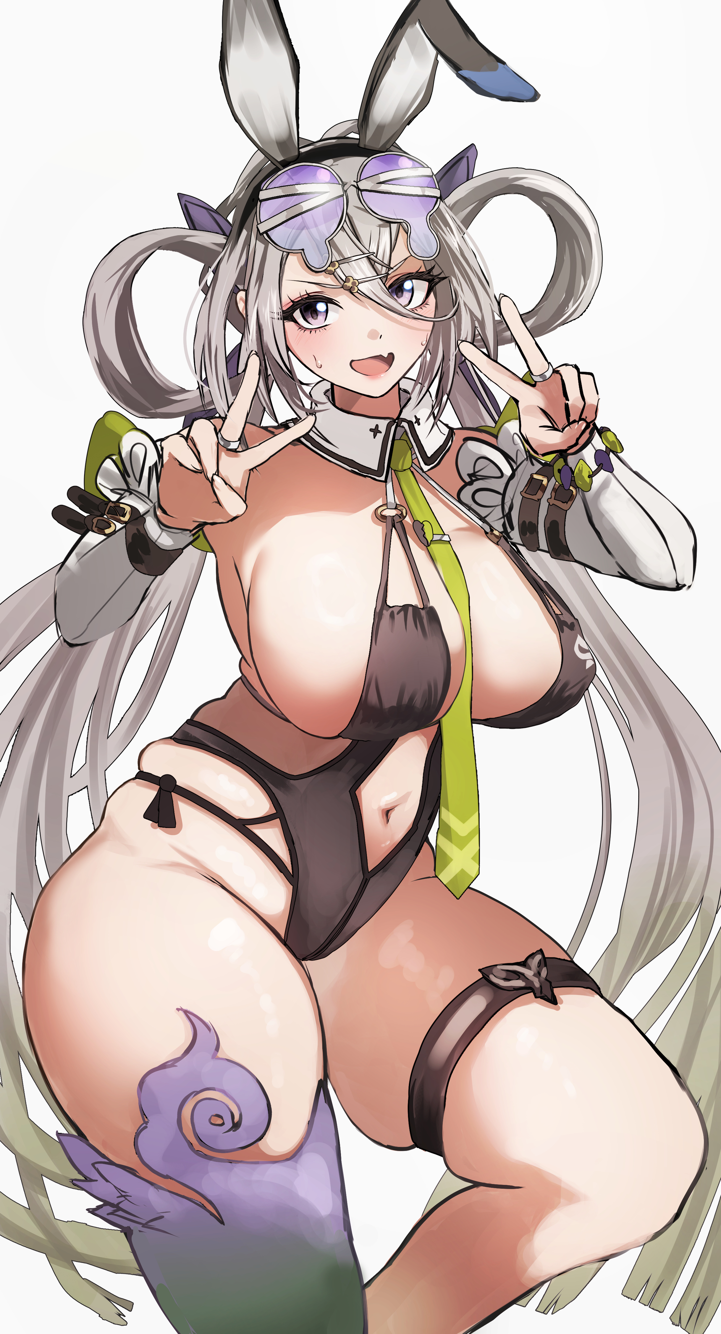 shibao aoyama, huyan zhuo (fate), huyan zhuo (swimsuit berserker) (fate), fate/grand order, fate (series), absurdres, highres, 1girl, animal ears, bare shoulders, black one-piece swimsuit, blush, breasts, cleavage, detached collar, detached sleeves, eyewear on head, fake animal ears, grey hair, hair between eyes, hair ornament, hair rings, hairclip, highleg, highleg one-piece swimsuit, large breasts, long hair, looking at viewer, low twintails, navel, necktie, one-piece swimsuit, open mouth, plunging neckline, purple eyes, smile, solo, sunglasses, swimsuit, thick thighs, thigh strap, thighs, twintails, very long hair