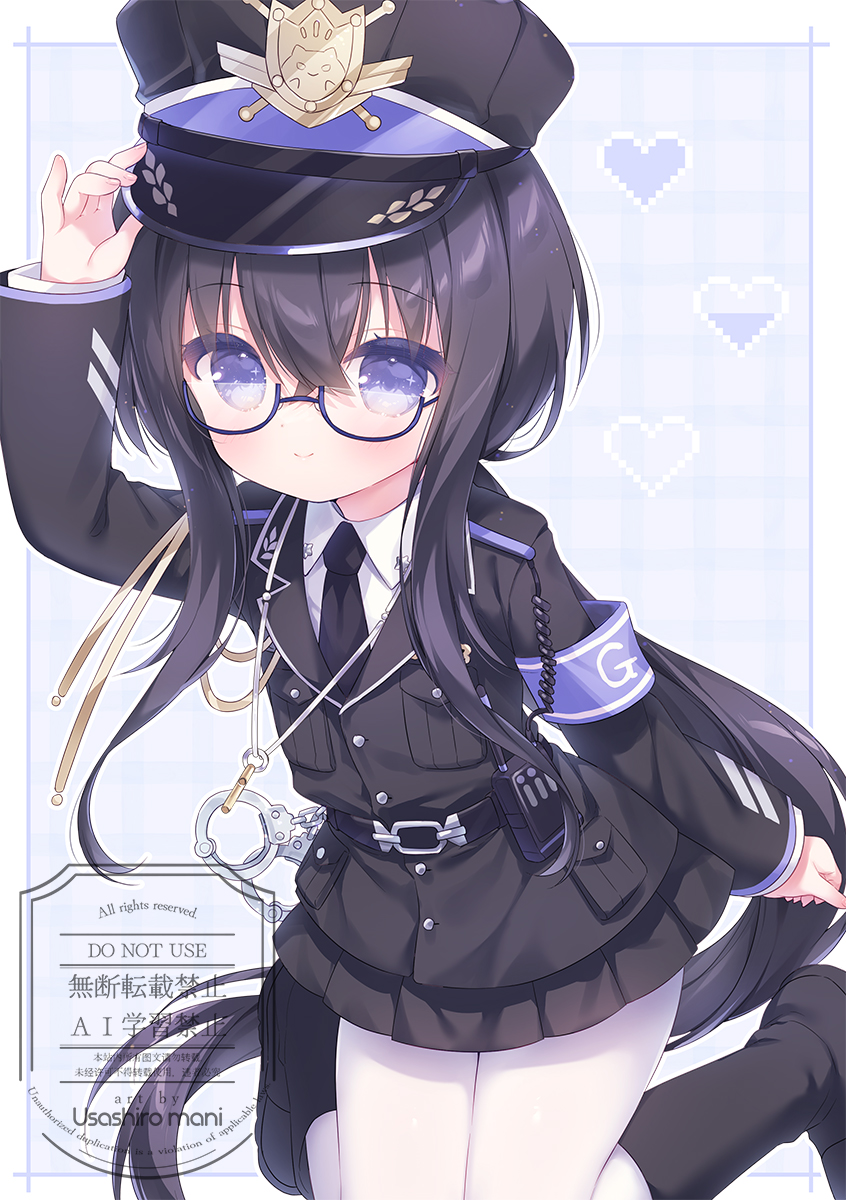 usashiro mani, original, highres, 1girl, arm up, armband, black hair, black jacket, black necktie, black skirt, blue-framed eyewear, closed mouth, collared shirt, glasses, hair between eyes, hand on headwear, hat, heart, jacket, long hair, long sleeves, necktie, pantyhose, peaked cap, pleated skirt, semi-rimless eyewear, shirt, skirt, sleeves past wrists, smile, solo, under-rim eyewear, very long hair, white pantyhose, white shirt
