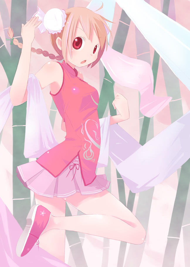 shiba yuusuke, original, brown hair, japanese clothes, legs, red eyes, skirt, solo