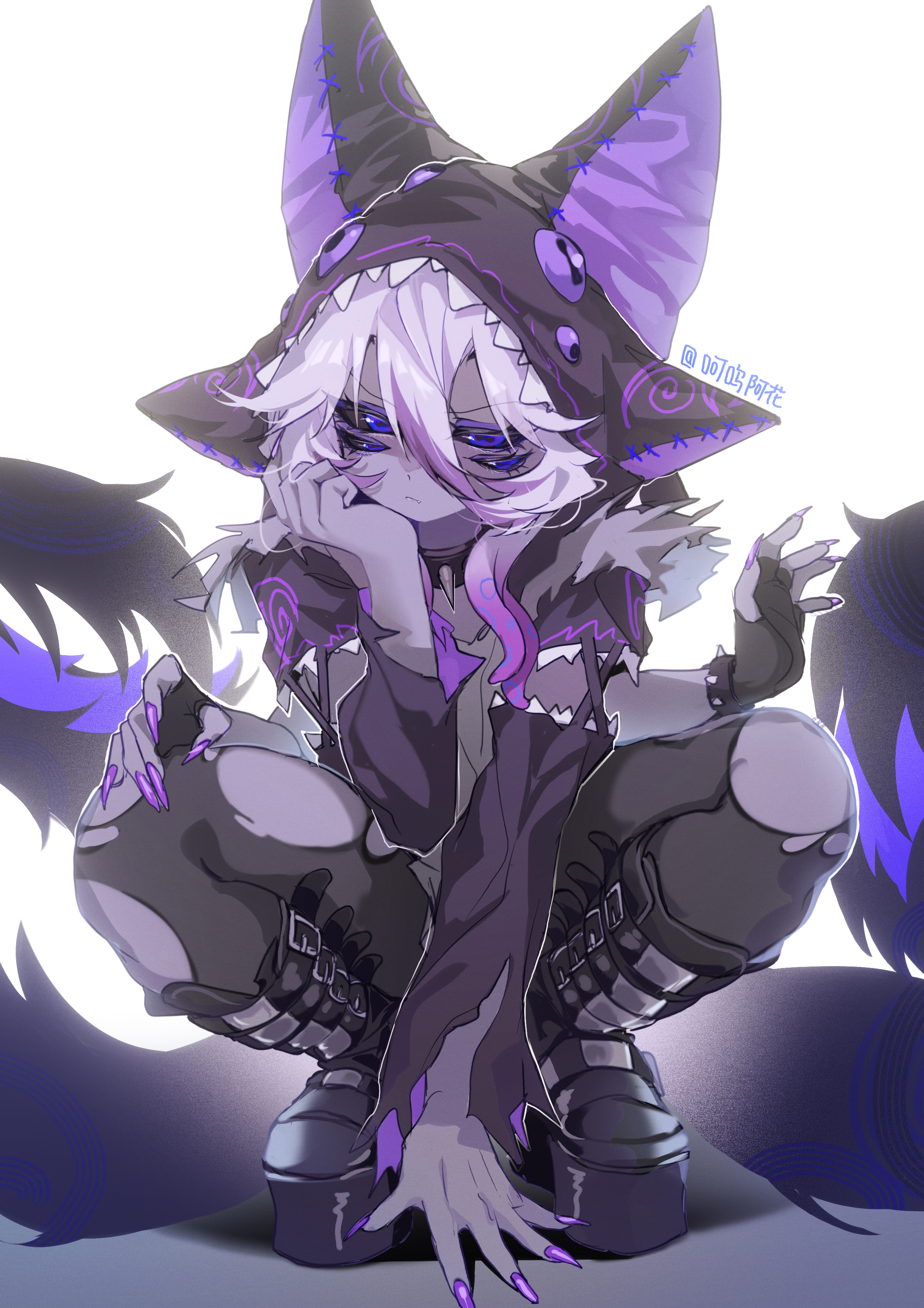 peanut huasheng, original, absurdres, highres, 1girl, animal hood, black boots, black gloves, black pantyhose, black sclera, blue eyes, boots, collar, colored sclera, colored skin, extra arms, extra eyes, fingerless gloves, four eyes, full body, gloves, grey hair, grey skin, hat, hood, hood up, monster girl, multicolored hair, pantyhose, platform boots, purple nails, solo, squatting, streaked hair, tail, torn clothes, torn pantyhose