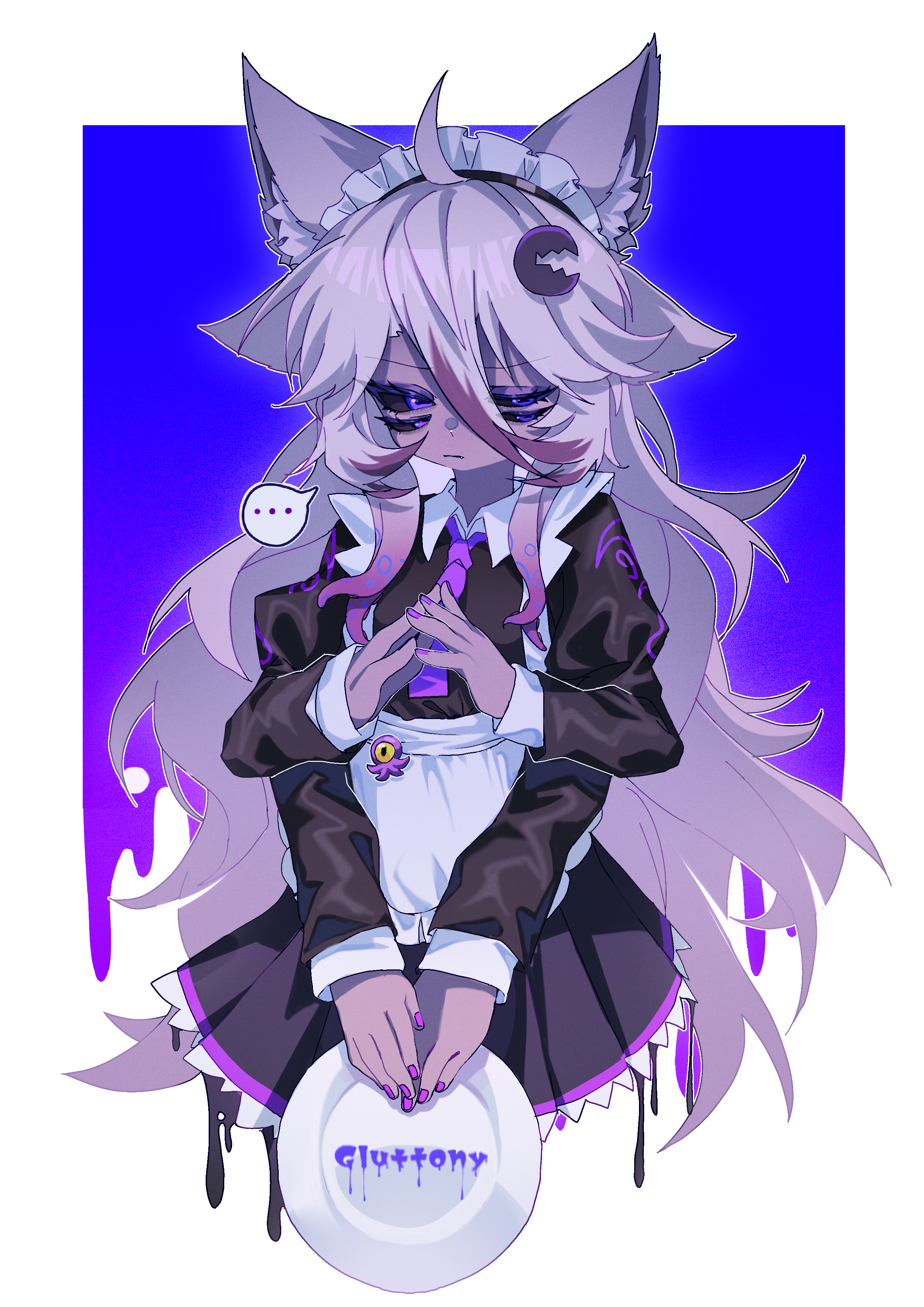 peanut huasheng, original, absurdres, highres, …, 1girl, apron, black sclera, black shirt, black skirt, colored sclera, colored skin, extra arms, extra eyes, grey hair, grey skin, holding, holding plate, long hair, maid headdress, multicolored hair, plate, purple eyes, shirt, skirt, solo, spoken ellipsis, streaked hair, very long hair, white apron