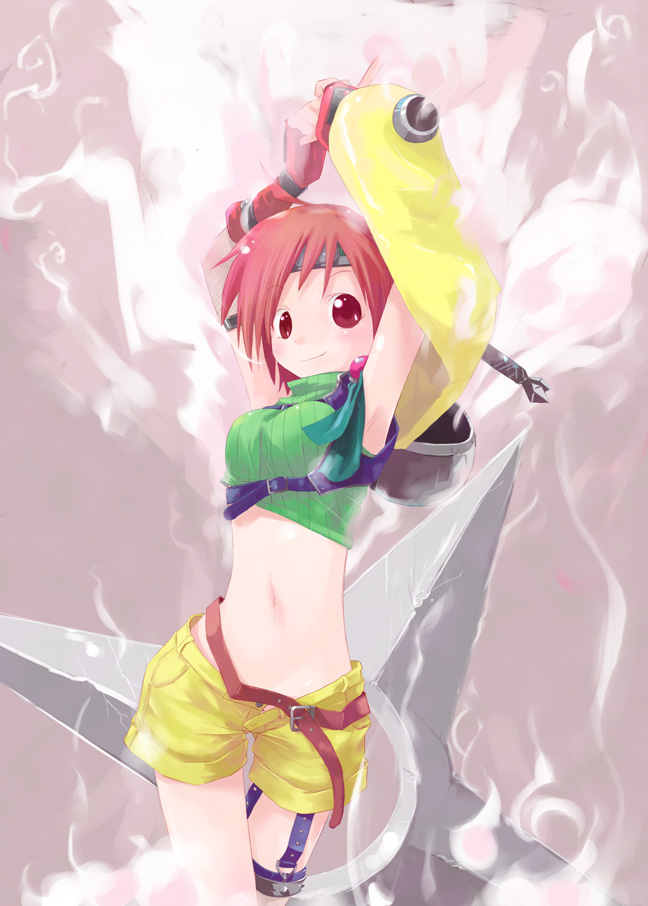 shiba yuusuke, ninja (final fantasy), yuffie kisaragi, final fantasy, final fantasy vii, 1990s (style), 1girl, female focus, headband, hip focus, navel, ninja, retro artstyle, shorts, shuriken, sleeveless, sleeveless turtleneck, solo, turtleneck, weapon
