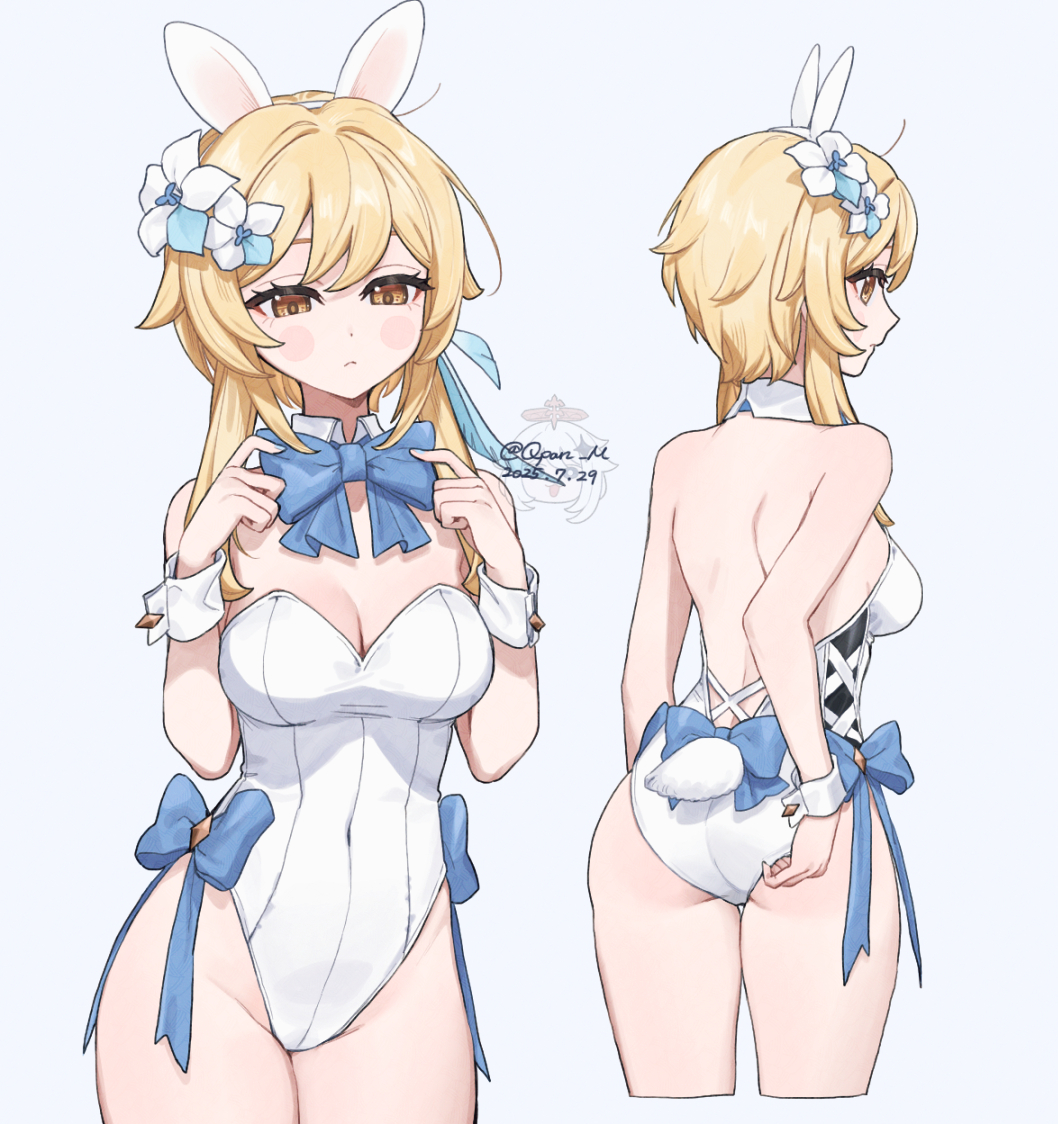 q (oshikuraq), lumine (genshin impact), genshin impact, commentary request, 1girl, adjusting bowtie, adjusting clothes, adjusting leotard, alternate costume, animal ears, ass, back, backless leotard, bare legs, black pantyhose, blonde hair, blue bow, blue bowtie, blush, bow, bowtie, breasts, cleavage, closed mouth, collar, covered navel, cropped legs, dated, detached collar, fake animal ears, fake tail, hair between eyes, hands up, highleg, highleg leotard, leotard, medium breasts, multiple views, pantyhose, playboy bunny, rabbit ears, rabbit tail, short hair with long locks, simple background, strapless, strapless leotard, tail, traditional bowtie, twitter username, white background, white collar, white leotard, white wrist cuffs, wrist cuffs, yellow eyes