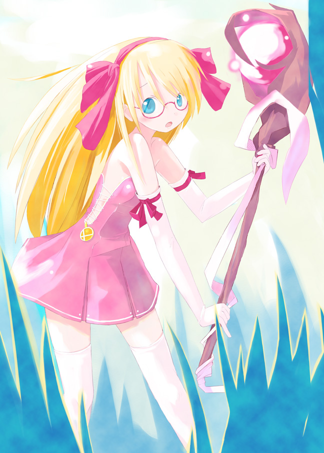 shiba yuusuke, original, blonde hair, blue eyes, glasses, long hair, solo, staff