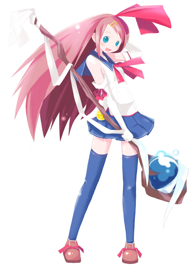 shiba yuusuke, original, blue eyes, hair ornament, hairclip, legs, long hair, pink hair, ribbon, school uniform, serafuku, skirt, solo, staff, thighhighs