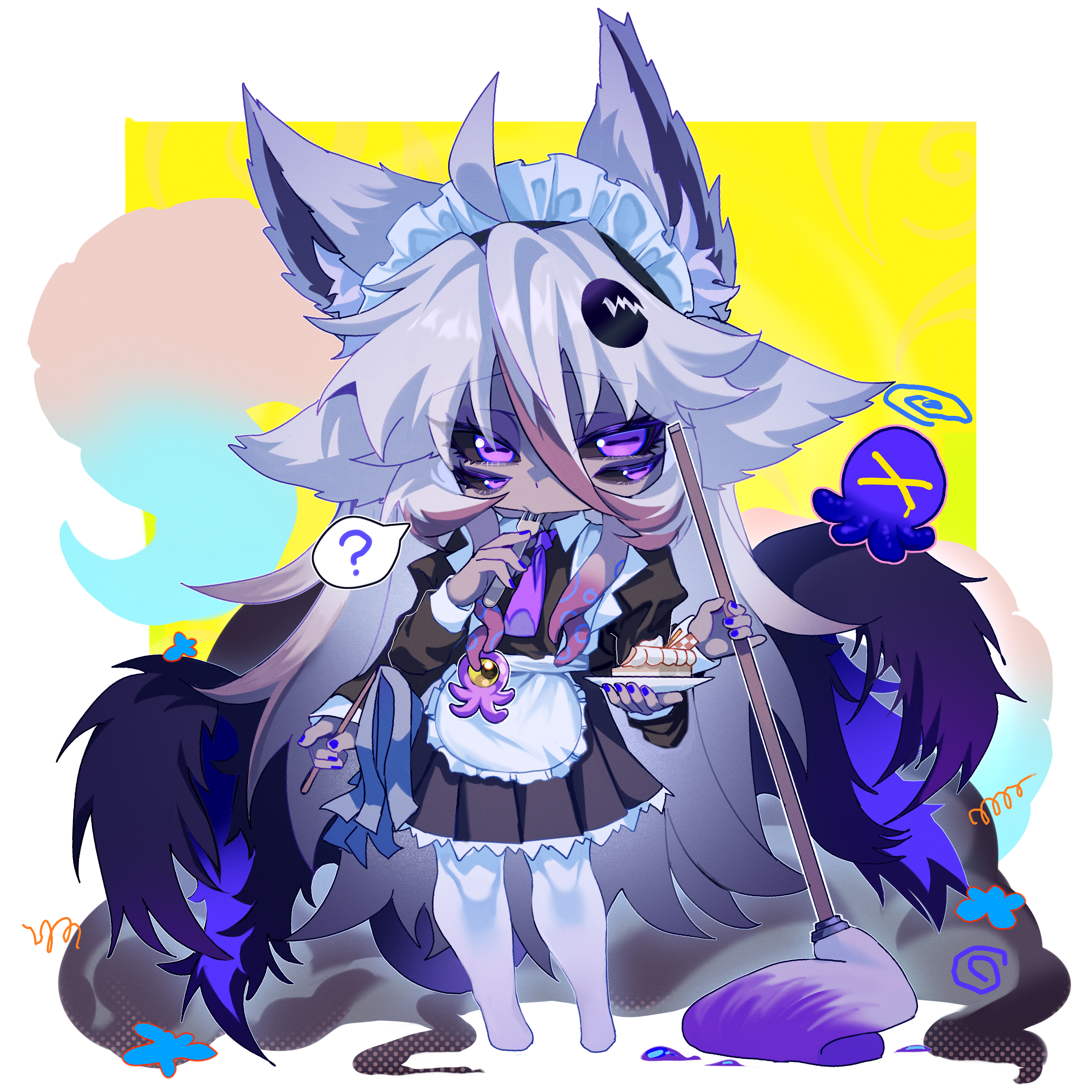 peanut huasheng, original, absurdres, highres, 1girl, ?, ahoge, animal ears, apron, black sclera, black shirt, black skirt, blue nails, chibi, chibi only, colored sclera, colored skin, eating, extra arms, extra eyes, fork, full body, grey hair, grey skin, holding, holding fork, holding mop, holding plate, long hair, maid headdress, mop, multicolored hair, no shoes, pantyhose, plate, purple eyes, shirt, skirt, solo, spoken question mark, standing, streaked hair, utensil in mouth, very long hair, white apron, white pantyhose
