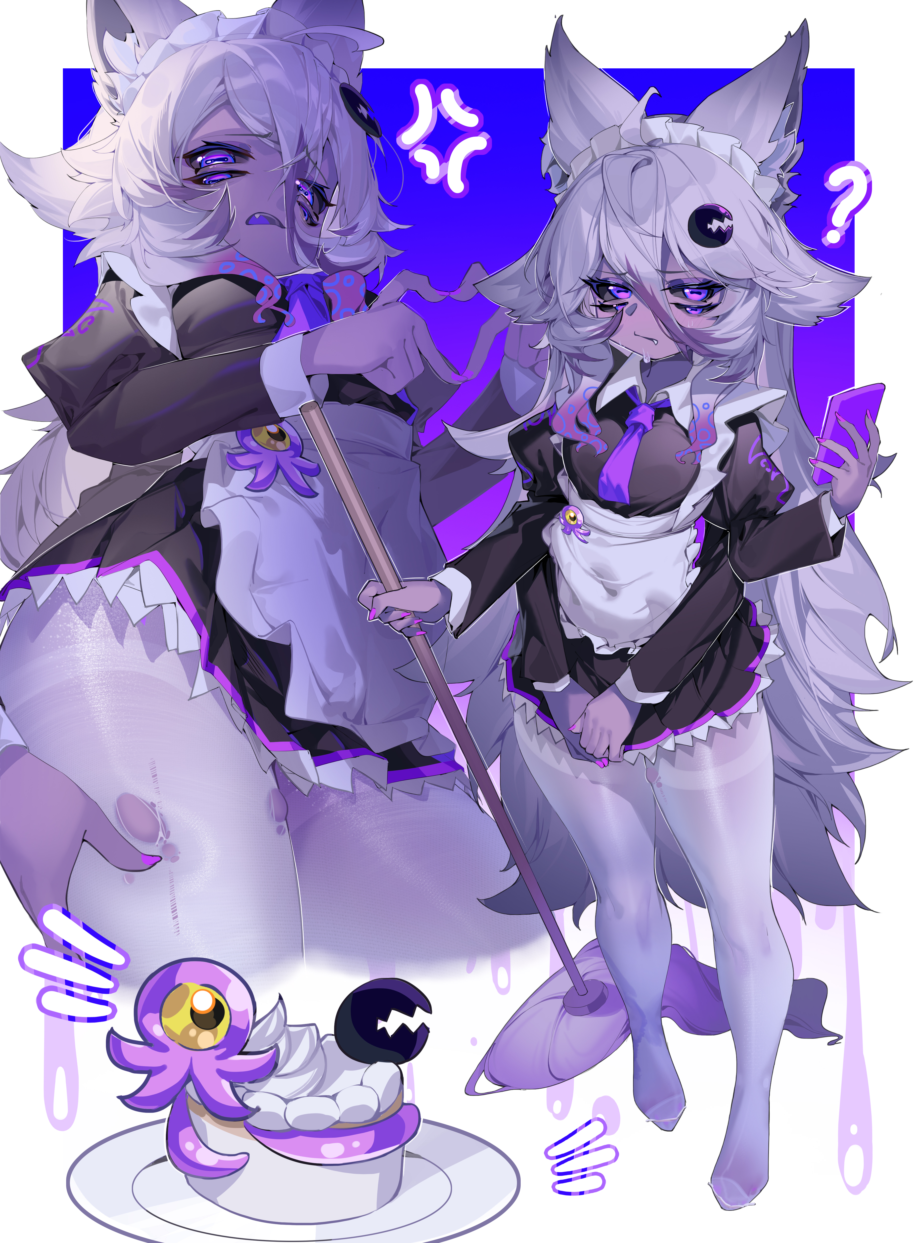 aiza-ku, original, absurdres, highres, 1girl, ?, ahoge, anger vein, apron, black sclera, borrowed character, colored sclera, extra arms, extra eyes, fang, fang out, four-finger heart hands, grey hair, heart, heart hands, holding, holding phone, long hair, multicolored hair, multiple views, no shoes, pantyhose, phone, pink nails, purple eyes, streaked hair, torn clothes, torn pantyhose, very long hair, white apron, white pantyhose