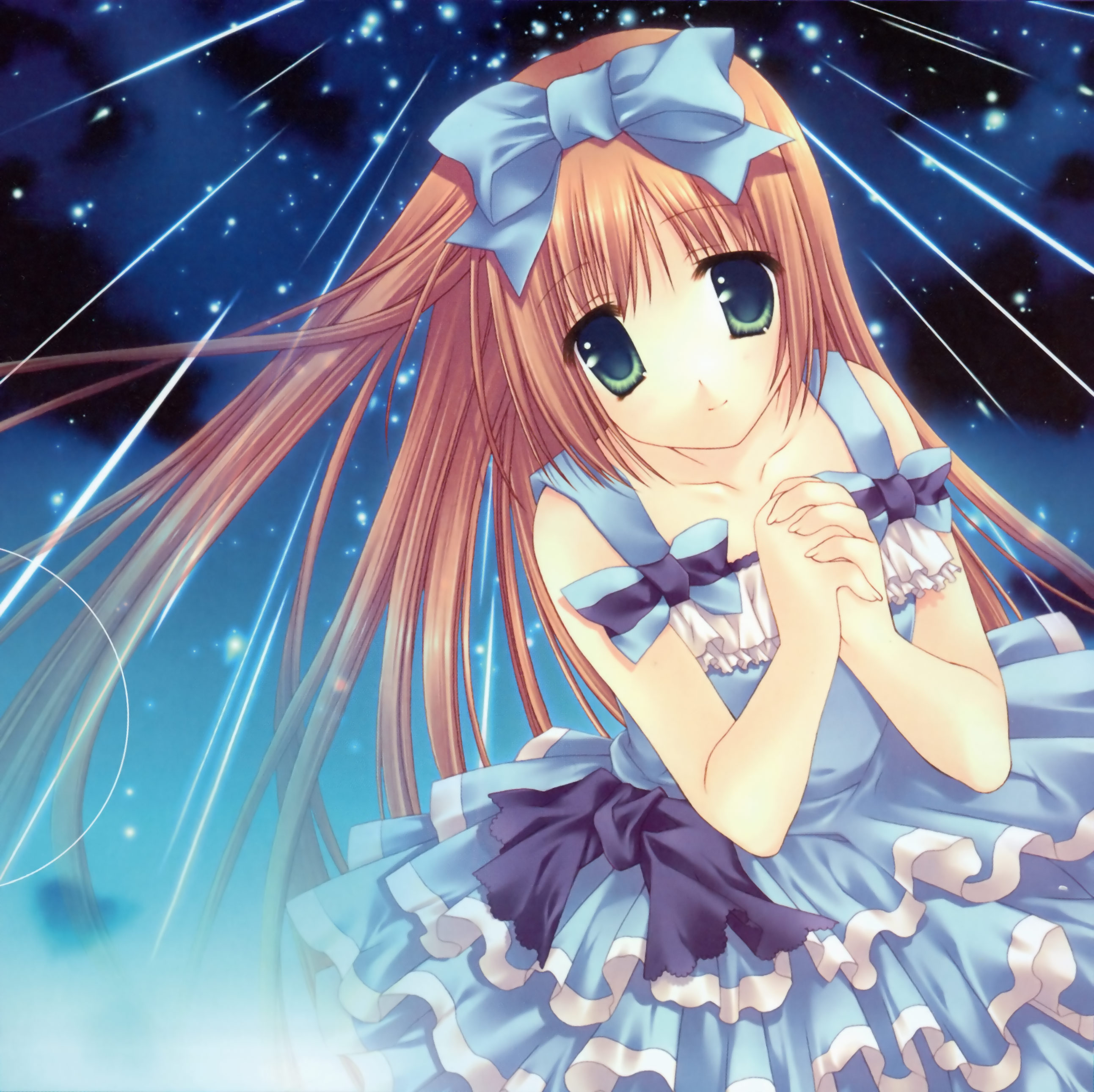 tatekawa mako, aquarian age, absurdres, highres, 00s, 1girl, blue eyes, blue theme, dress, female focus, frilled dress, frills, green eyes, long hair, orange hair, ribbon, smile, solo, very long hair