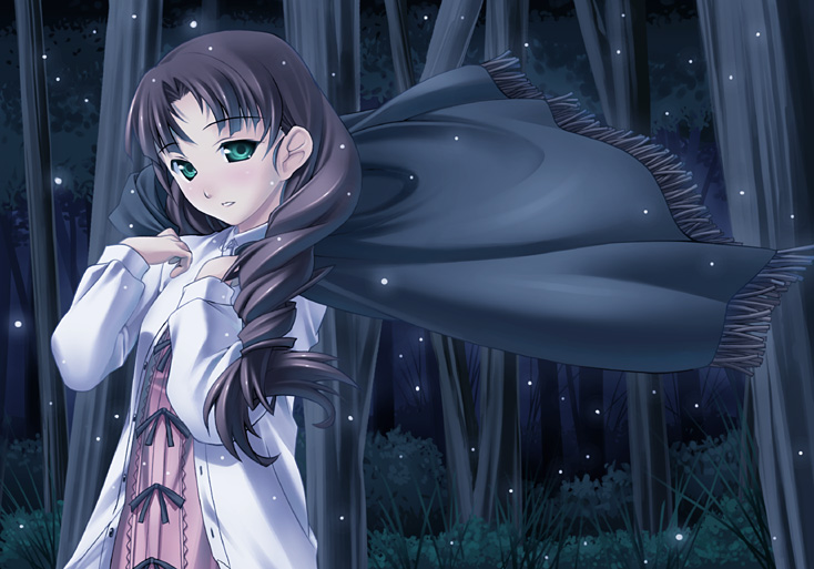 chikugen shiina, 1girl, drill hair, female focus, green eyes, night, snow, snowing, solo