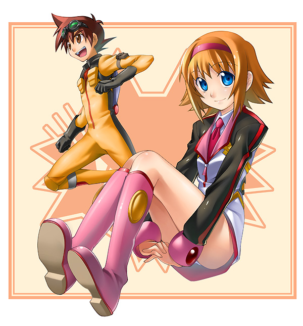 chikugen shiina, 1boy, 1girl, blue eyes, hairband, necktie, orange hair, panties, skirt, underwear