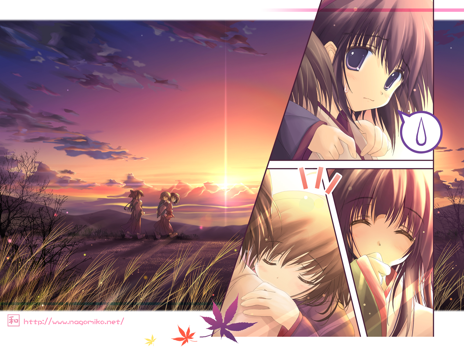 tenmu shinryuusai, original, highres, 2girls, ^ ^, carrying, closed eyes, collage, japanese clothes, miko, multiple girls, piggyback, short hair, sleeping, spoken sweatdrop, sunset, sweatdrop, tenmu