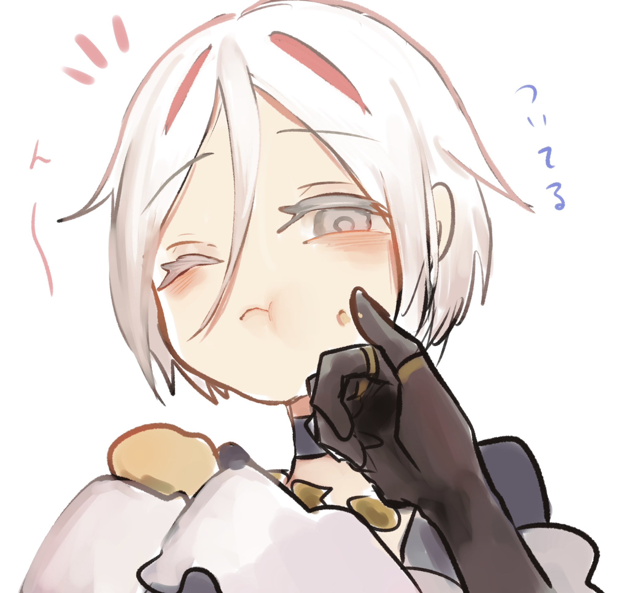 masteryakiniku, fate/grand order, fate (series), highres, 2boys, blush, choker, dove (fate), food, food on face, gloves, grey eyes, multicolored hair, multiple boys, one eye closed, portrait, raven (fate), red hair, short hair, simple background, streaked hair, white background, white hair, wiping face