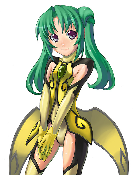 chikugen shiina, senjou kuyou, yumeria, 00s, 1girl, bodysuit, female focus, gloves, green hair, leotard, purple eyes, smile, solo, twintails, yellow gloves