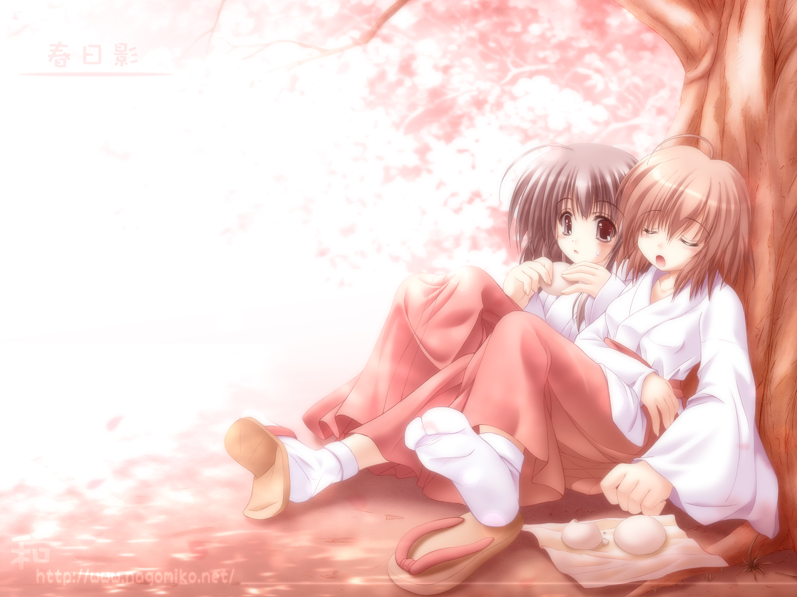 tenmu shinryuusai, original, highres, 2girls, closed eyes, hakama, hakama skirt, japanese clothes, miko, multiple girls, red hakama, short hair, skirt, sleeping, tenmu, tree
