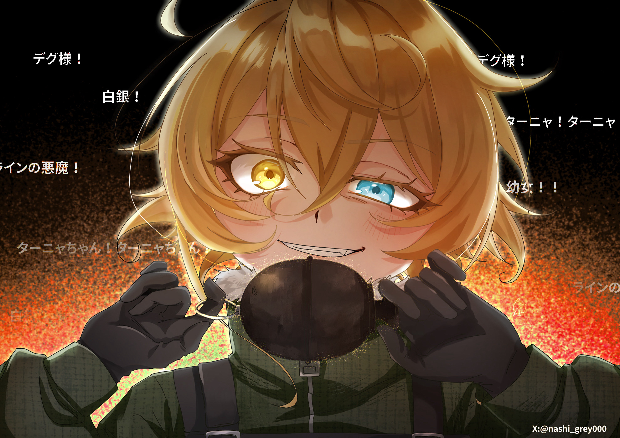 tanya degurechaff, youjo senki, highres, translation request, 1girl, ahoge, blonde hair, blue eyes, clenched teeth, hair between eyes, heterochromia, long sleeves, looking at viewer, military, military uniform, naaaaaaaashi1037, open mouth, ponytail, short hair, smile, solo, teeth