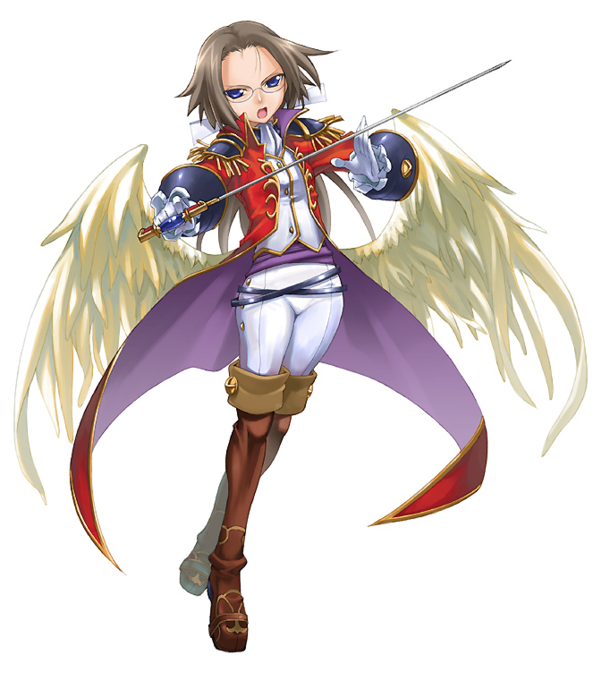 chikugen shiina, andil, shinrabanshou, 1girl, angel, female focus, glasses, solo, sword, thighhighs, weapon, wings