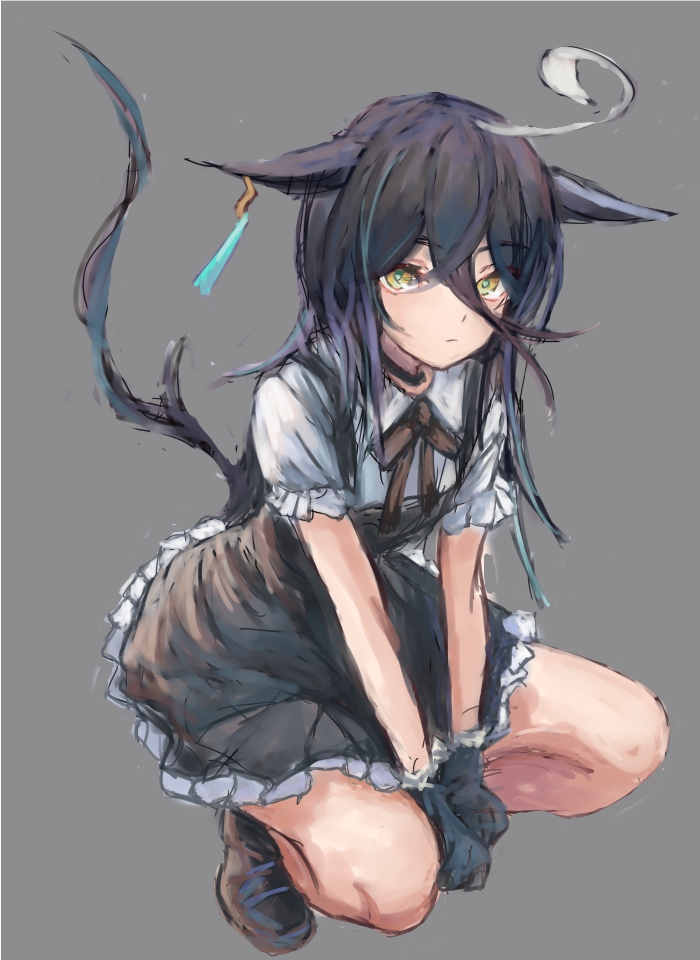 yanagi wakana, manhattan cafe (umamusume), umamusume, 1girl, ahoge, animal ears, black bow, black dress, black gloves, black hair, blush, bow, closed mouth, dress, ear tag, earrings, gloves, hair between eyes, horse ears, horse girl, horse tail, jewelry, long bangs, long hair, long hair between eyes, looking at viewer, multicolored hair, short sleeves, simple background, single earring, solo, squatting, tail, white dress, white hair, yellow eyes