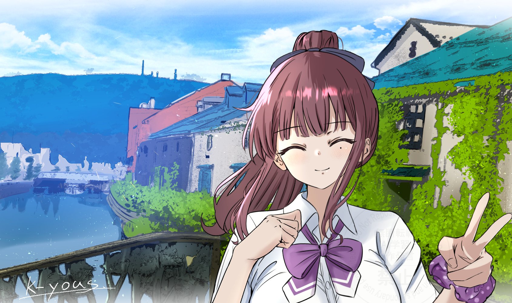 k-yous, natsuki karin, synthesizer v, commentary request, highres, 1girl, ^ ^, artist name, blue sky, blush, bow, bowtie, breasts, brown hair, closed eyes, closed mouth, cloud, collared shirt, outdoors, ponytail, purple bow, purple bowtie, purple scrunchie, scrunchie, shirt, sky, smile, solo, v, white shirt, wrist scrunchie