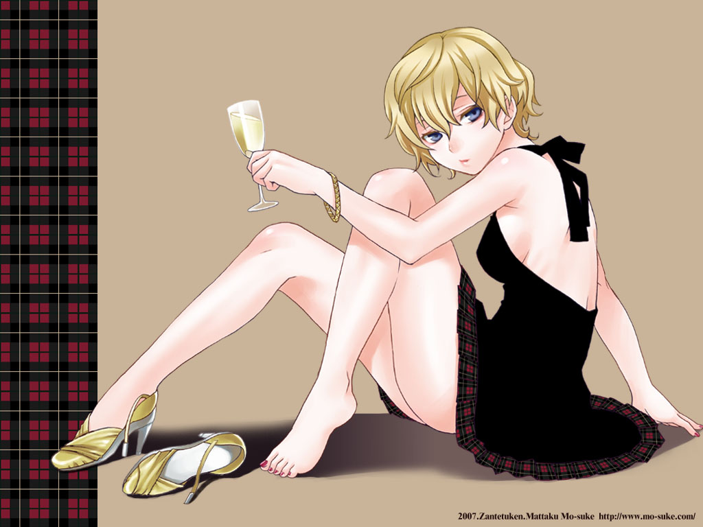 mattaku mousuke, original, 1girl, alcohol, barefoot, blonde hair, champagne flute, cup, dated, drinking glass, feet, female focus, gold shoes, halterneck, high heels, nail polish, plaid clothes, plaid skirt, red nails, shoe dangle, shoes, short hair, single shoe, sitting, skirt, solo, toenail polish, toenails, toes, unworn shoes, watermark, web address, wine