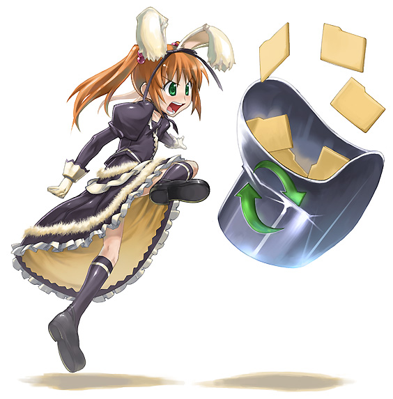 chikugen shiina, microsoft windows, ragnarok online, animal ears, black shoes, dress, kicking, rabbit ears, shoes, solo, twintails