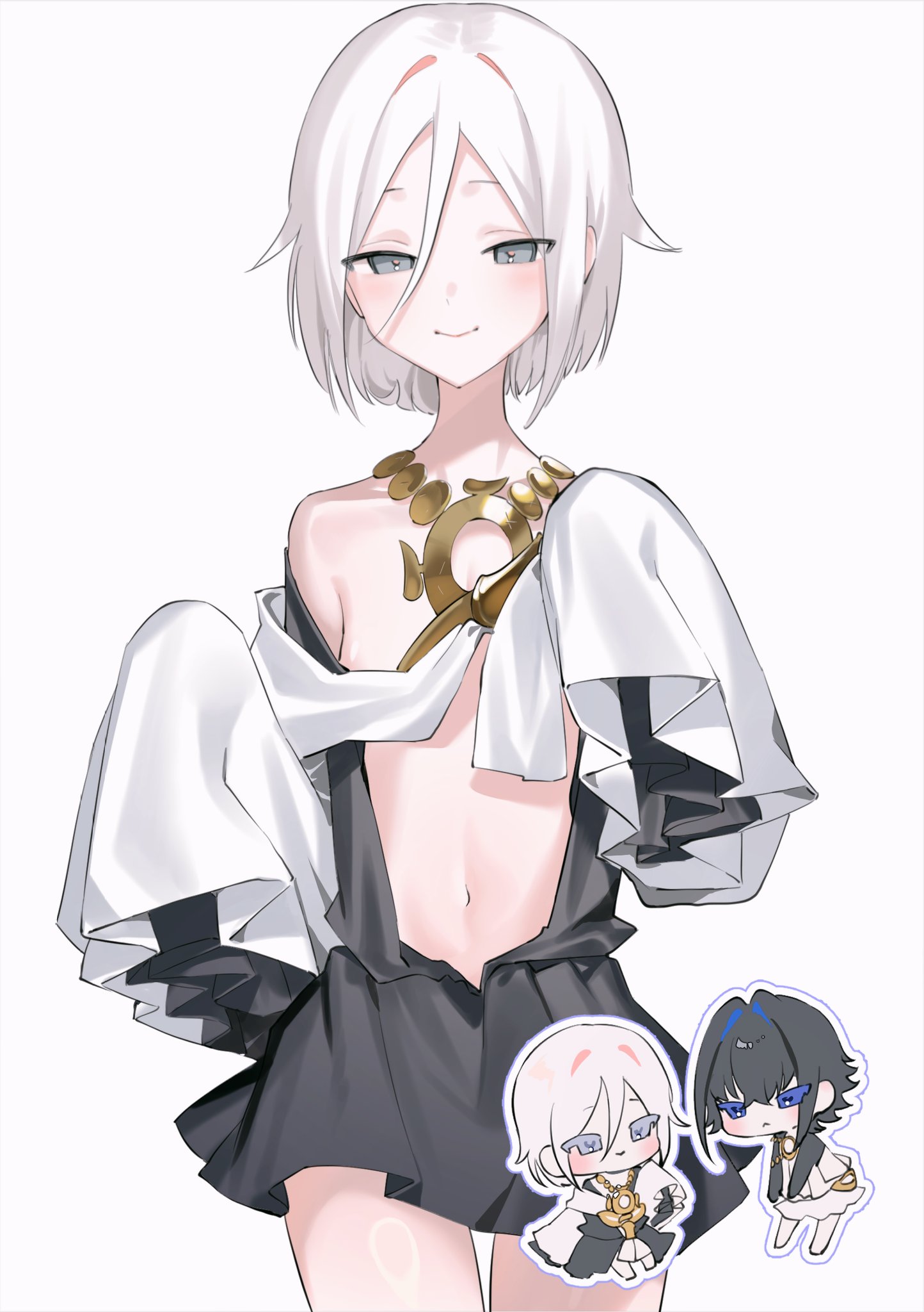 siho is alien, fate/grand order, fate (series), highres, 2boys, androgynous, blush, chibi, chibi inset, cowboy shot, dove (fate), grey eyes, jewelry, looking at viewer, multicolored hair, multiple boys, necklace, pink hair, raven (fate), short hair, simple background, sleeves past fingers, sleeves past wrists, smile, streaked hair, trap, tunic, white background, white hair