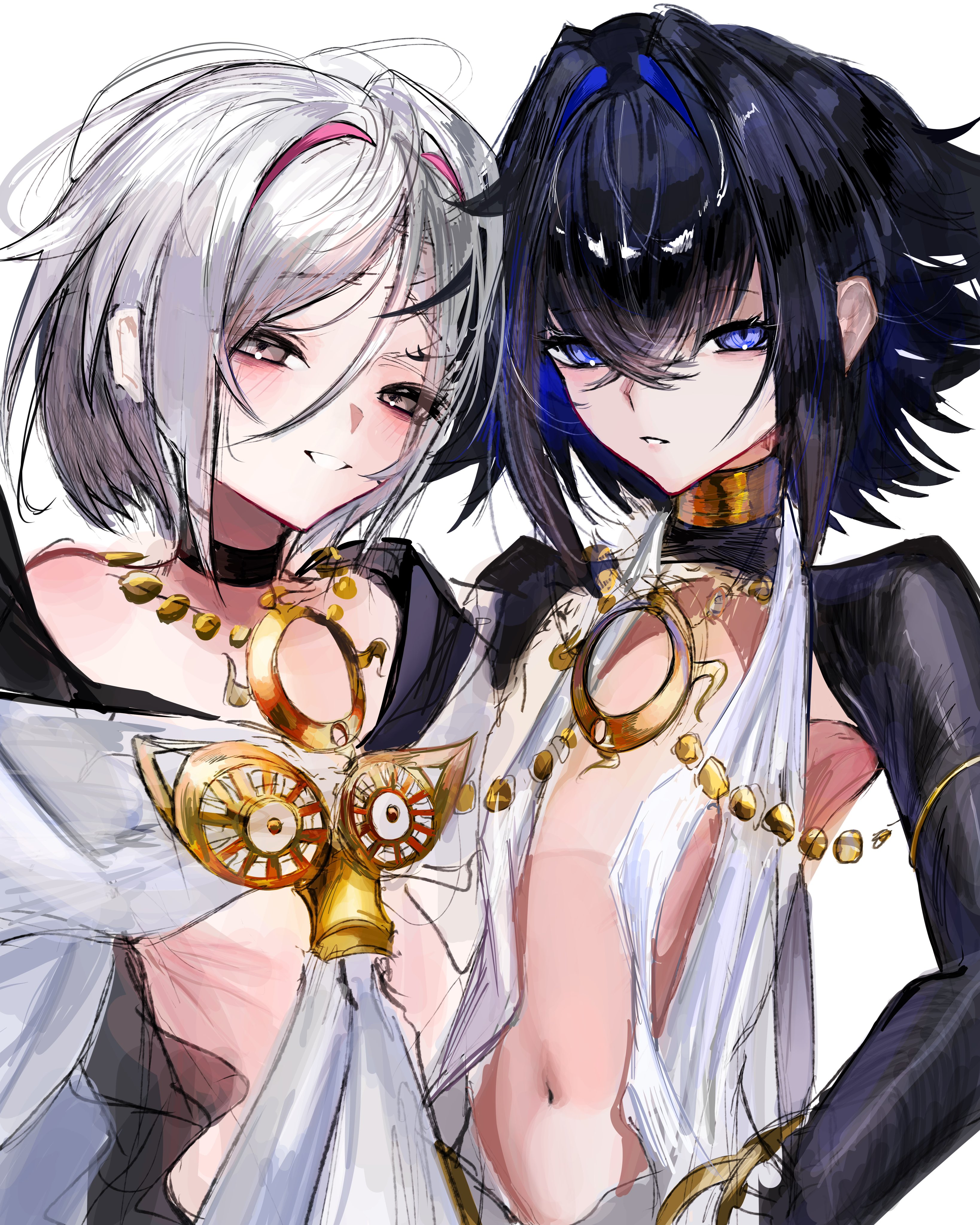 fate/grand order, fate (series), absurdres, highres, 2boys, androgynous, black hair, blue hair, blush, choker, dove (fate), grey eyes, hair intakes, jewelry, looking at viewer, multicolored hair, multiple boys, navel, necklace, one eye closed, open mouth, pink hair, raven (fate), short hair, shrug (clothing), simple background, smile, streaked hair, tiritumo 21, trap, upper body, white background, white hair