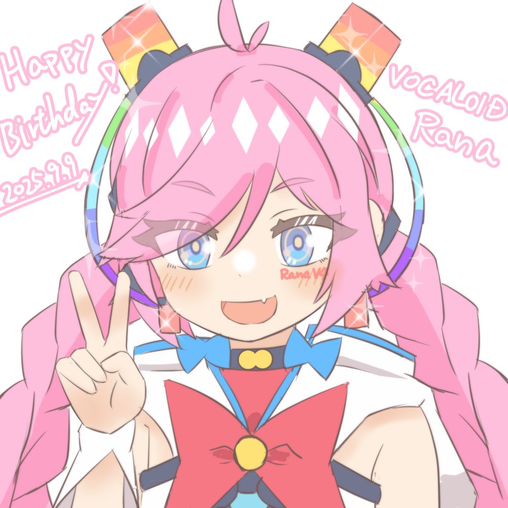 wixa14 shin, rana (vocaloid), vocaloid, braided twintails, commentary request, 1girl, :d, blue eyes, blush, bow, bowtie, braid, character name, dated, fang, happy birthday, looking at viewer, open mouth, pink hair, red bow, red bowtie, smile, solo, tongue, twin braids, v, white background