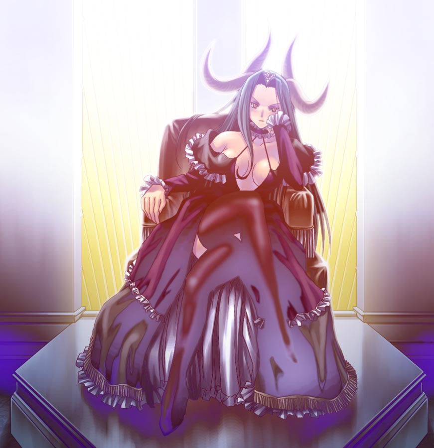 1girl, blue hair, breasts, cleavage, demon girl, dress, female focus, horns, long hair, solo, thighhighs, throne, yellow eyes