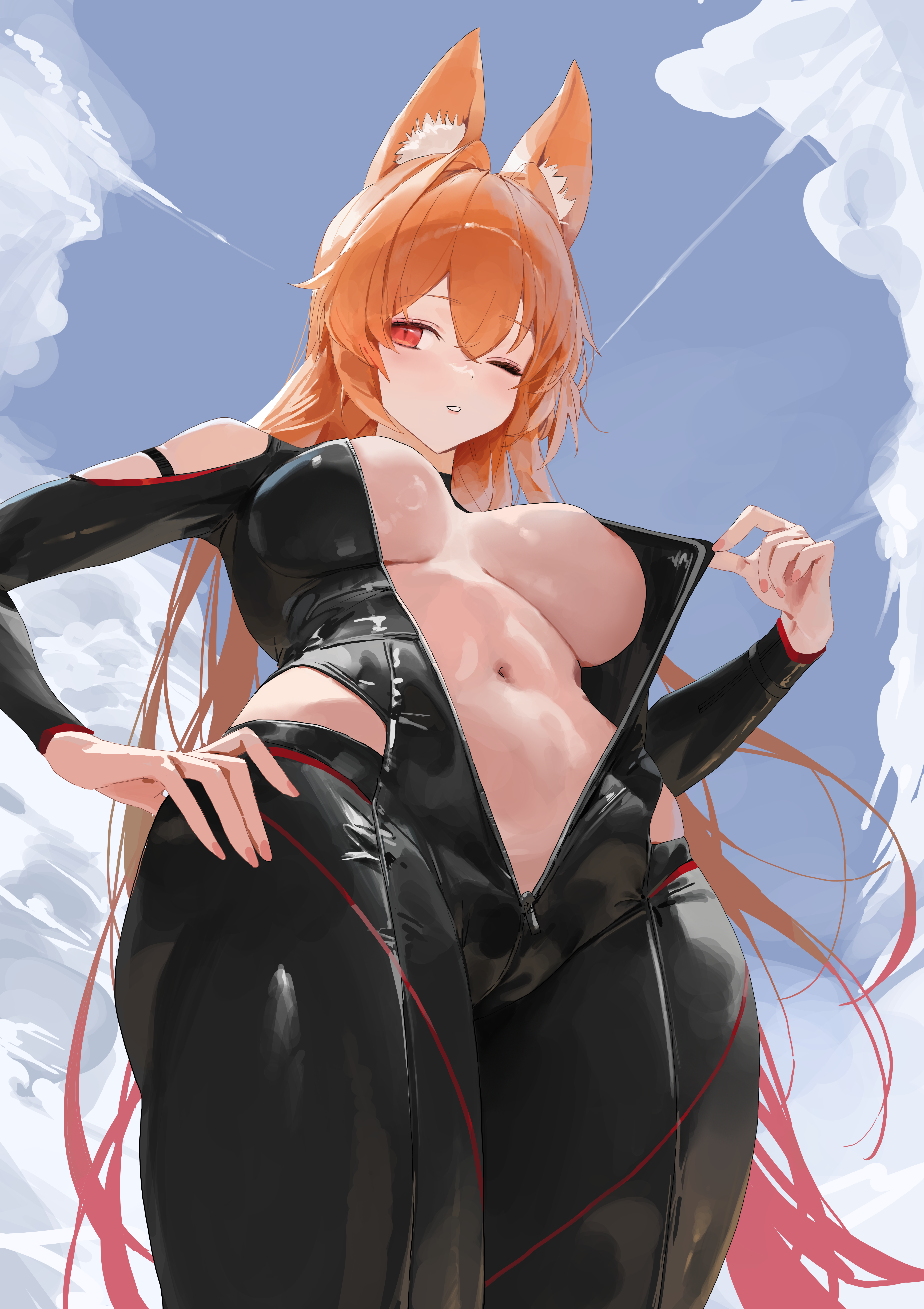 choyeon, ellin meiji, dungeon and fighter, original, absurdres, artist request, check artist, commission, highres, second-party source, 1girl, animal ears, black bodysuit, bodysuit, breasts, clothing cutout, cloud, cowboy shot, fox ears, from below, gradient hair, hand on own hip, large breasts, long hair, long sleeves, looking at viewer, multicolored hair, navel, one eye closed, orange hair, parted lips, pulling own clothes, red eyes, shoulder cutout, solo, stomach, unzipped, very long hair, zipper, zipper pull tab