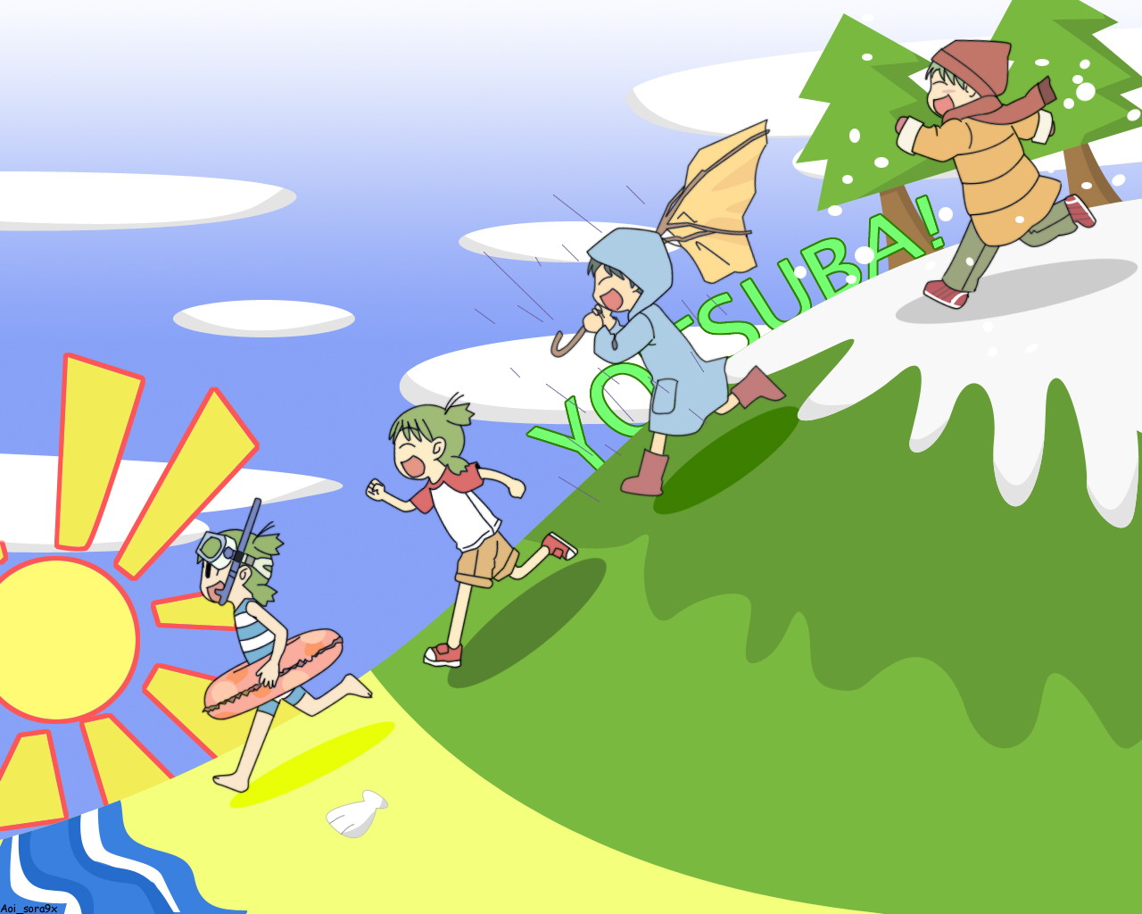 koiwai yotsuba, yotsubato!, 1girl, barefoot, beach, child, coat, fir tree, full body, goggles, hat, innertube, long sleeves, raglan sleeves, running, sand, scarf, shirt, shore, snorkel, snow, sun, sunlight, swim ring, t-shirt, tree, umbrella, water, winter clothes, winter coat