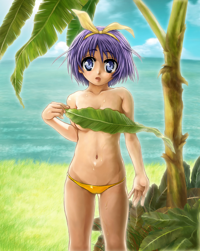afrostar, hiiragi tsukasa, lucky star, 00s, bare shoulders, bikini, bikini bottom only, blue eyes, cloud, day, hairband, leaf, lowleg, lowleg bikini, ocean, outdoors, purple hair, short hair, sky, solo, standing, swimsuit, topfreedom, topless female, water, yellow bikini
