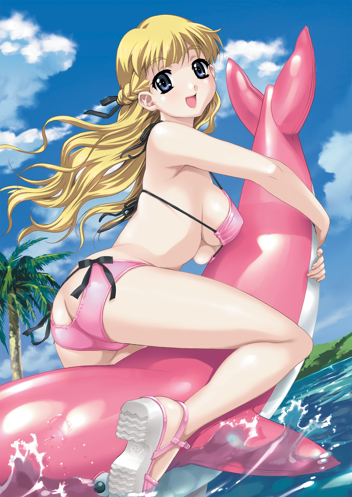happoubi jin, tsukushino mitsugu, resort boin, french braid, game cg, highres, 00s, 1girl, :d, ass, ass cutout, bikini, blonde hair, blue eyes, braid, breasts, butt crack, clothing cutout, cloud, dated, day, dolphin, female focus, fingernails, inflatable dolphin, inflatable toy, long hair, open mouth, outdoors, palm tree, pink bikini, pink theme, ribbon, sky, smile, solo, swimsuit, tree, underboob, water