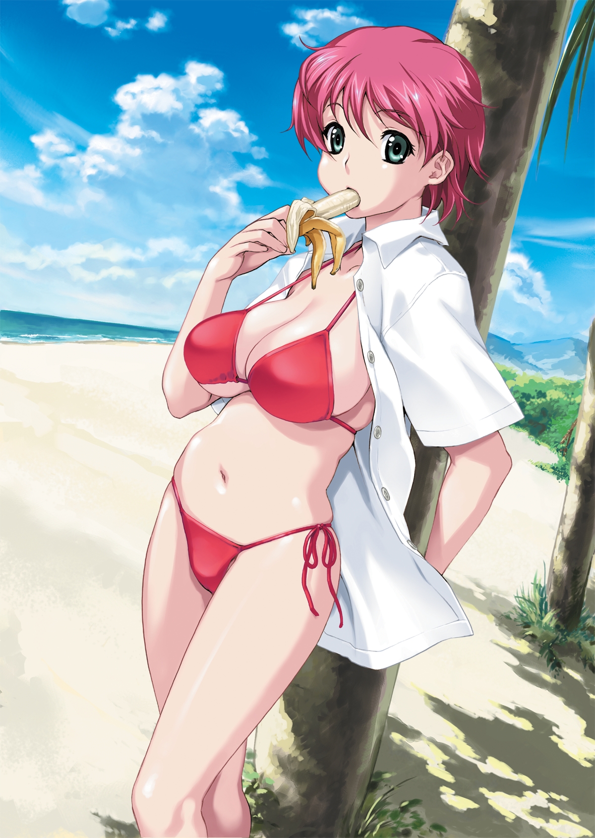 happoubi jin, iihara nao, resort boin, game cg, highres, 00s, 1girl, aqua eyes, banana, beach, bikini, breasts, cloud, curvy, dated, day, eating, female focus, food, fruit, green eyes, holding, holding food, holding fruit, large breasts, mountain, navel, open clothes, open shirt, outdoors, pink hair, red bikini, sand, shadow, shirt, short hair, side-tie bikini bottom, sky, solo, standing, swimsuit, tree, water
