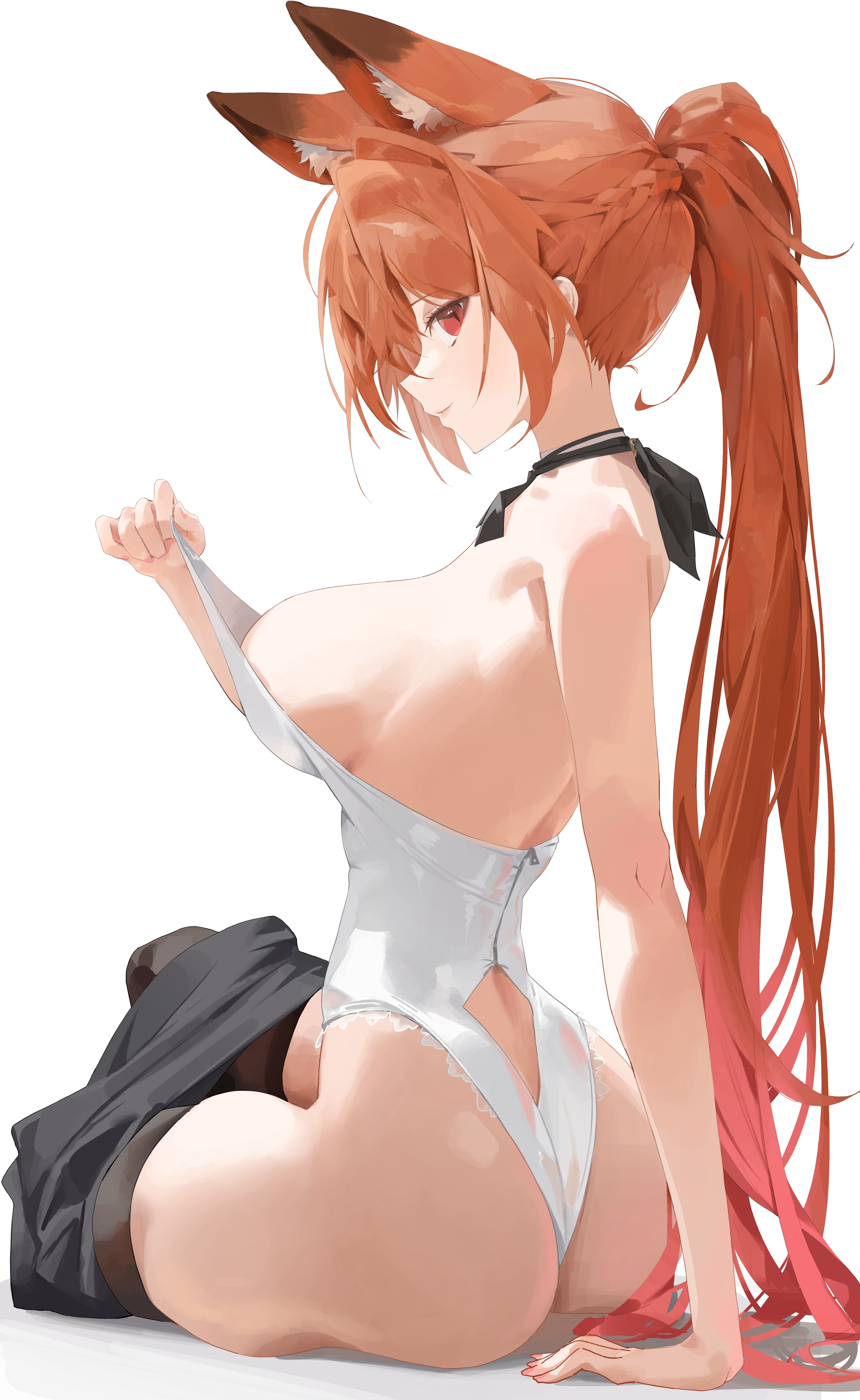 ellin meiji, dungeon and fighter, original, absurdres, artist request, commission, highres, second-party source, 1girl, animal ears, ass, back cutout, bare arms, bare shoulders, black choker, black skirt, braid, choker, clothes pull, clothing cutout, extra ears, fox ears, from behind, gradient hair, hand up, highleg, highleg leotard, lace trim, leotard, long hair, looking at viewer, multicolored hair, orange hair, ponytail, profile, pulling own clothes, red eyes, sidelocks, simple background, skirt, skirt pull, smile, solo, thighs, very long hair, white background, white leotard